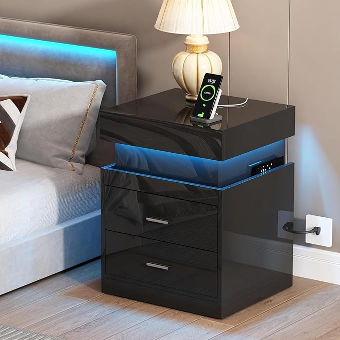 ChooChoo LED Nightstand Set of 2,Smart Night Standwith Charging Station and Sliding Top Storage, Black