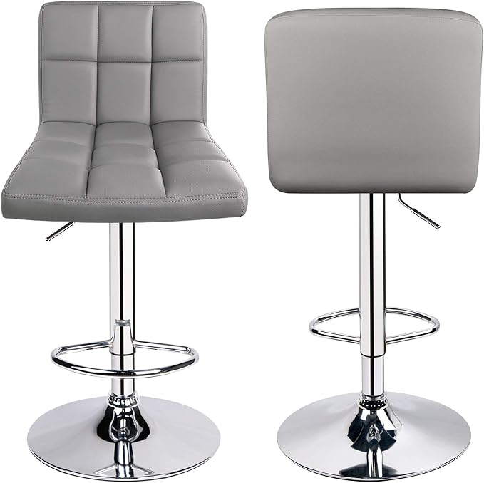 Leopard Bar Stools, Modern PU Leather Adjustable Swivel Bar Stool with Back, Set of 2 (Light Grey)