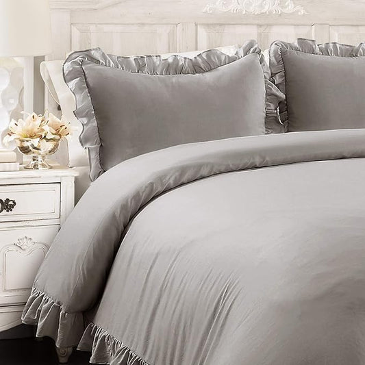 Lush Decor Reyna Ruffle Comforter Set - 3 Piece Cozy Ruffled Bedding Set - Timeless Elegance and Comfort for Dorm Room - Full/ Queen, Gray