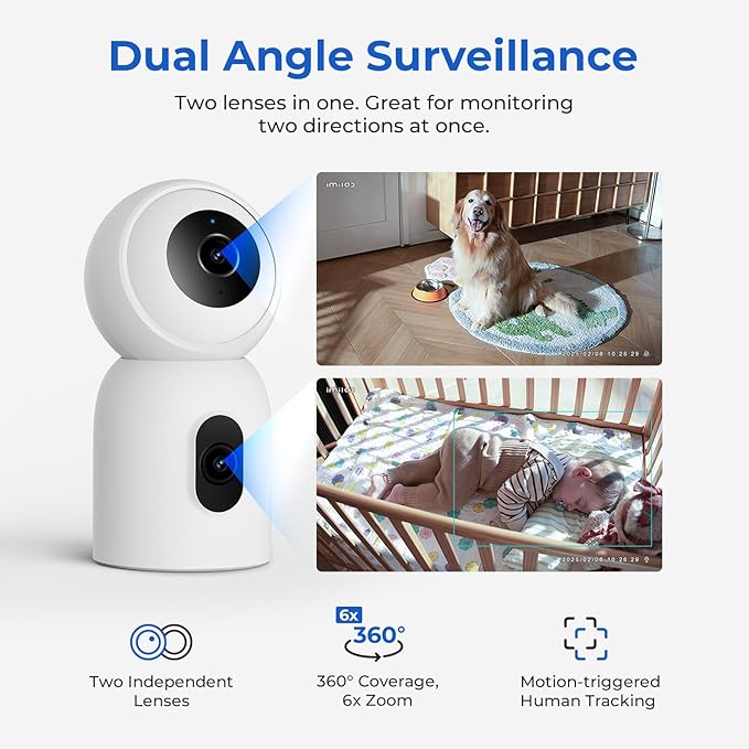 IMILAB C30 Dual 3K+3K Indoor Security Camera, 360° Pan Tilt Pet/Baby/Kid Camera, Room Cam w/Human & Pet Tracking, Smoke Detection, Color Night Vision, 5G WiFi Plug-in Cam, Wall Mount, No Monthly Fee
