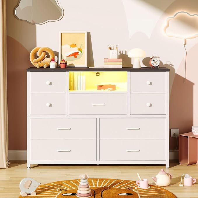 NONGSHIM Dresser with Charging Station and LED Lights, Long Dressers for Bedroom Dresser TV Stand with 9 Drawers, Fabric Chest of Drawers with PU Finish, Wide Dressers Storage Organizer, White+Walnut