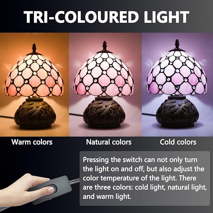 Small Tiffany Table Lamp,Stained Glass Lamp,8 Inch Mushroom Style Mini Vintage Desk Lights for Bedside, Bedroom,Nightstand,Living Room,3 Color Temperature (Pink)