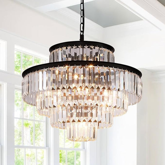 Black Modern Crystal Chandelier Pendant Ceiling Lights Chandeliers Lighting Fixture for Dining Living Room Foyer Hallway 13-Lights (Dia 24 Inch)