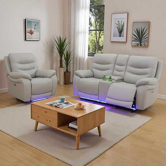 Power Reclining Sofa Set, Genuine Leather Recliner Sofa Set,Living Room Furniture Setwith USB Charging and LED Lights,for Living Room/Apartment/Office/Home Theather,Light Grey,C+L