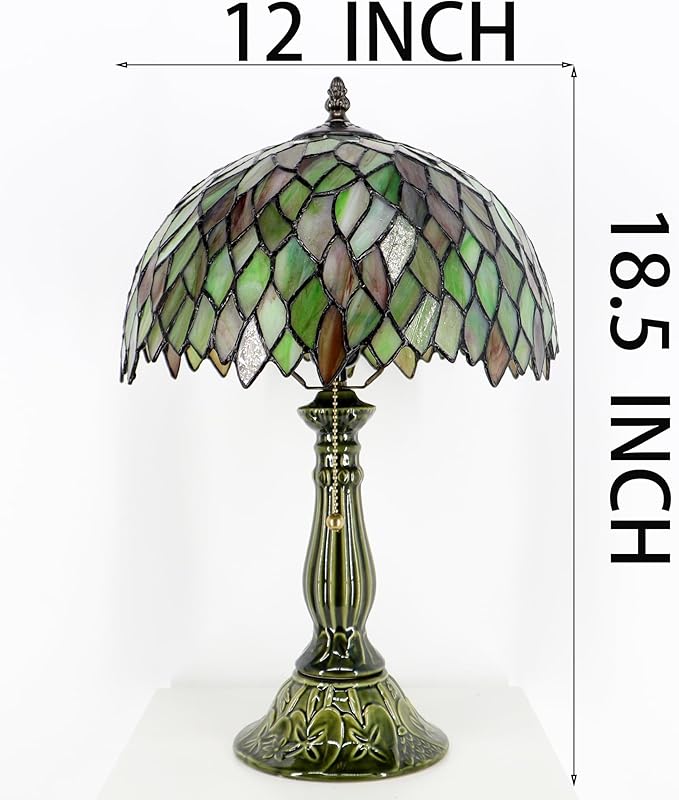 Tiffany Lamp Stained Glass Table Lamps Brownish Green Leafage Style Desk Lamp 12X12X18.5 Inch Bronze Ceramic Base Reading Light Suitable for Bedside Bedroom Living Room Dining Room Office