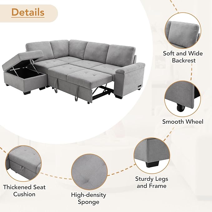 Merax Sofa Bed Sleeper Couch L Shaped Sofa with Storage Ottoman, L-Shape Sectional Couch with Comfortable backrest for Living Room and Small Apartment (Gray)