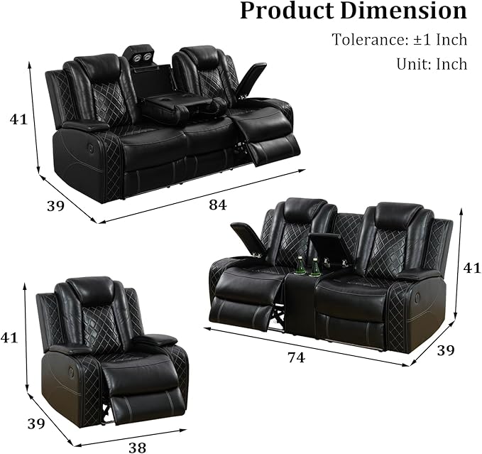 Leather Power Recliner Sofa Set with LED Light，Living Room Furniture Set, Leather Reclining Sofa Set with USB Port Storage Armrest(Sofa+Loveseat+Chair, Black)