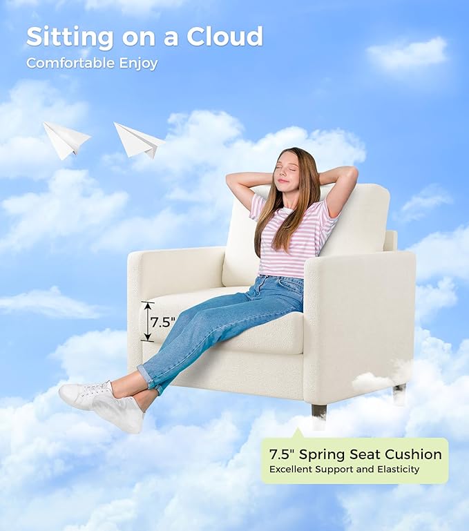 Welzona Sofa Accent Chair, 33" Reading Chair for Bedroom, Tool-Free Setup Living Room Accent Chairs, Comfy Arm Chairs Living Room, All-Wood Reading Nook, Cream White