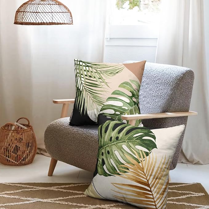 Spring Summer Green Palm Leaf Decorative Throw Pillow Covers 24x24 Inch Set of 2 Tropical Banana Leaves Monstera Plant Pillow Cases Modern Farmhouse Cushion Cover for Home Couch Sofa