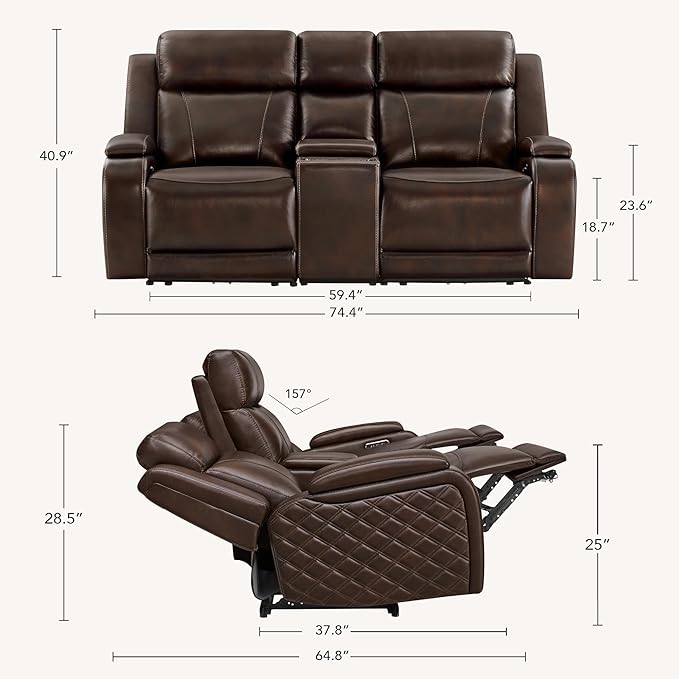 Watson & Whitely Genuine Leather Power Loveseat Recliner Sofa, Zero Gravity Reclining Sofa with Console, Power Headrest & Wireless Charging, Cup Holder, 2-Seater Recliner for Living Room, Dark Brown