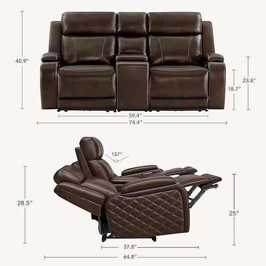Watson & Whitely Genuine Leather Power Loveseat Recliner Sofa, Zero Gravity Reclining Sofa with Console, Power Headrest & Wireless Charging, Cup Holder, 2-Seater Recliner for Living Room, Dark Brown