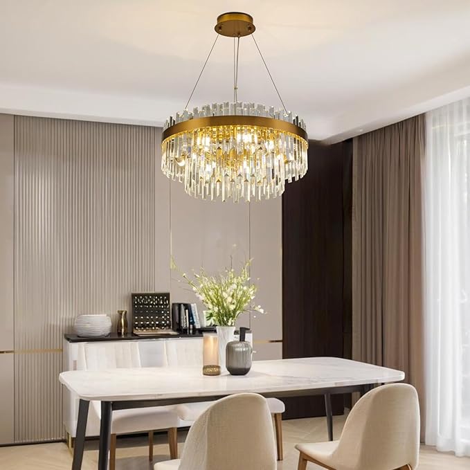 Modern Luxury Brushed Brass Gold Crystal Chandelier, 6-Light 2-Tier Raindrop Round Pendant Ceiling Light for Dining Room,Kitchen Island,Foyer,Bedroom,Entryway - 19.7" D,E12 Base