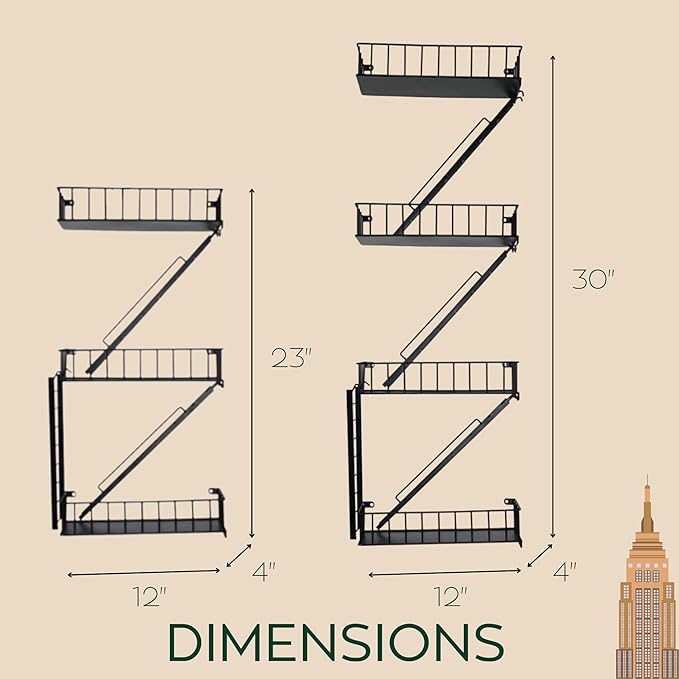 VERSATILE KAS 4-Tier Metal Fire Escape Wall Shelf | 30" NYC Industrial Floating Shelves for Action Figures | Black Urban Display Ladder with 7.5lb Capacity