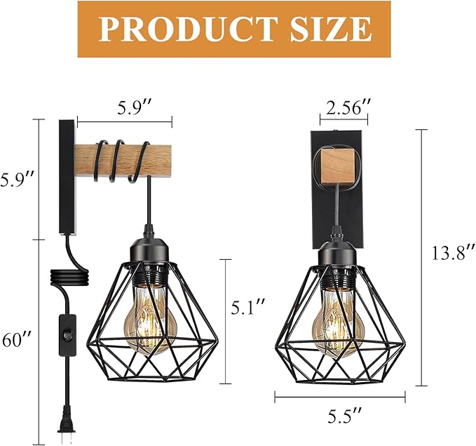 Plug in Wall Sconces Set of Two,Farmhouse Wall Mounted Lights with Plug in Cord,Black Rustic Wall Lamp for Bedroom Bedside Living Room,with Wood Arm and 70.8inch On/Off Switch Cord,2 Pack