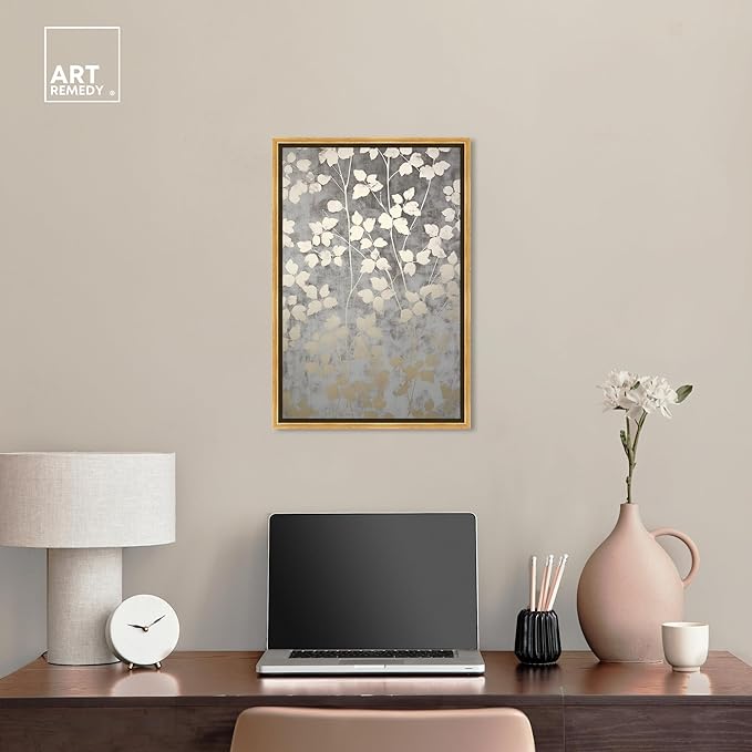 Art Remedy Silvery Gray Garden Canvas Elegant Floral Wall Art, Gold Frame, 16" x 24"