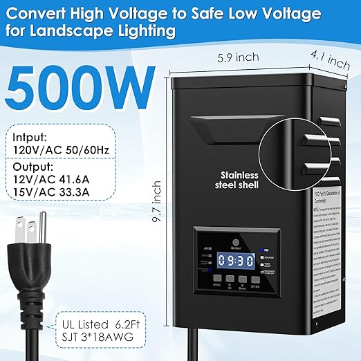 500W Low Voltage Landscape Transformer with Timer & Photocell for Landscape Lighting, 120V to 12V/15VAC Weatherproof, Stainless Steel, Smart Low Voltage Transformers for Outdoor Garden
