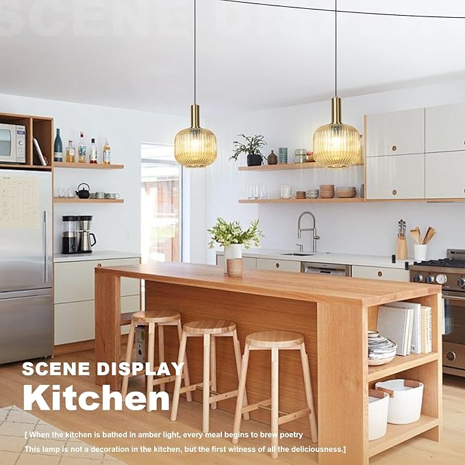 Plug in Light for Ceiling, Amber Glass Pendant Lights Gold Kitchen Island Hanging Lights Modern Mid Century Pendant Lights Globe Plug in Swag Lamps for Dining Room Living Room, 2 Pack