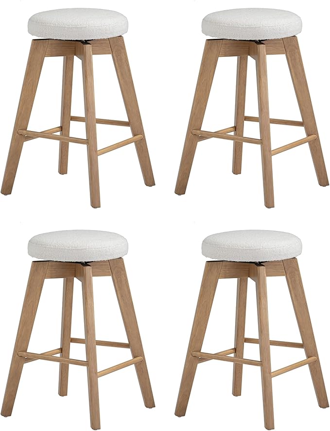 Nathan James Amalia Bohemian Swivel Bar Stool, Backless Counter Height Boucle Counter Stool with Solid Wood Legs and Upholstered Seat, White Oak Set of 4