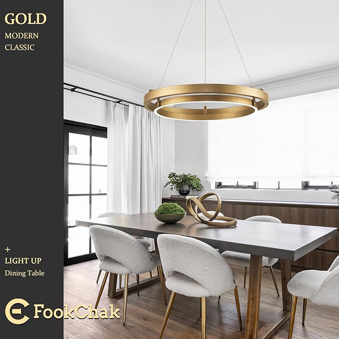 LED Ring Chandelier Gold Round Chandelier 30W Entry Chandeliers Light Brass Gold Dimmable Chandeliers for Dining Room Entryway Kitchen Island Bedroom Living Room, 24in