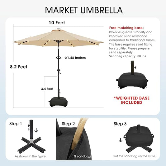 wikiwiki 10FT Solar Led Patio Umbrella with Base Included, 32 LED Lights, 8 Sturdy Ribs, Fade Resistant Waterproof POLYESTER DTY Canopy for Garden, Lawn, Deck, Backyard & Pool, Beige