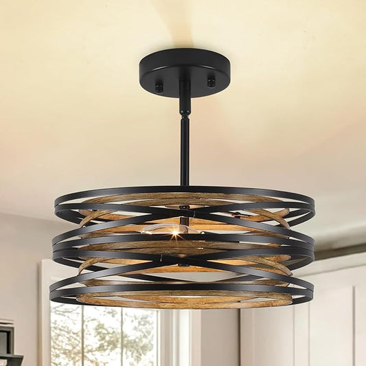 Farmhouse Semi Flush Mount Ceiling Light, Black and Wood Grain Kitchen Island Hanging Pendant Lighting for Dining Room Bedroom Bar Office, Industrial