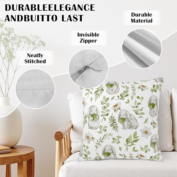 Easter Outdoor Pillow Covers 24x24 Set of 2 Sage Green Bunny Floral Leaf Throw Pillow Covers Spring Rabbit Flower Farmhouse Pillowcase for Home Couch Sofa Decor