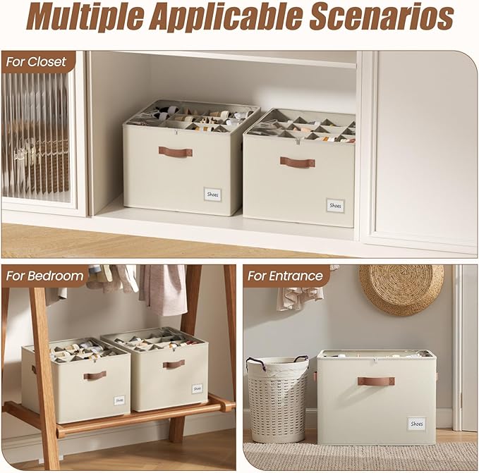PHINOX Shoe Organizer for Closet, 2 Pack Fabric Shoe Organizer Storage Box, Shoe Storage Containers with Clear Cover, Closet Shoe Storage for Boots Sandals Slippers,Fits 16-32 Pairs, Beige