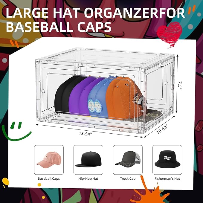 Hat Organizer Box for Baseball Caps, 6 Pack Plastic Hat Storage Display Case with Magnetic Door, Hat Holder Rack for Closet, Snapback Organizer, Hold 8 Caps Each