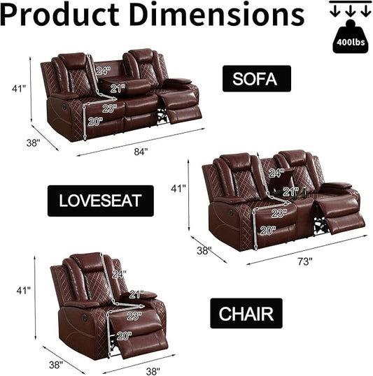 Power Leather Recliner Sofa Set with LED Light,Reclining Couch Set with USB Charger/Cup Holder/Storage,Leather Couch for Living Room Furniture Sets(3+2+1 Seats,Burgundy)