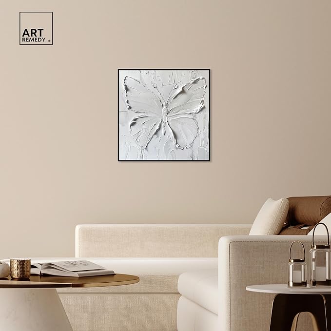 Art Remedy White Butterfly Canvas Elegant White Gold Wall Art, Black Frame, 30" x 30"