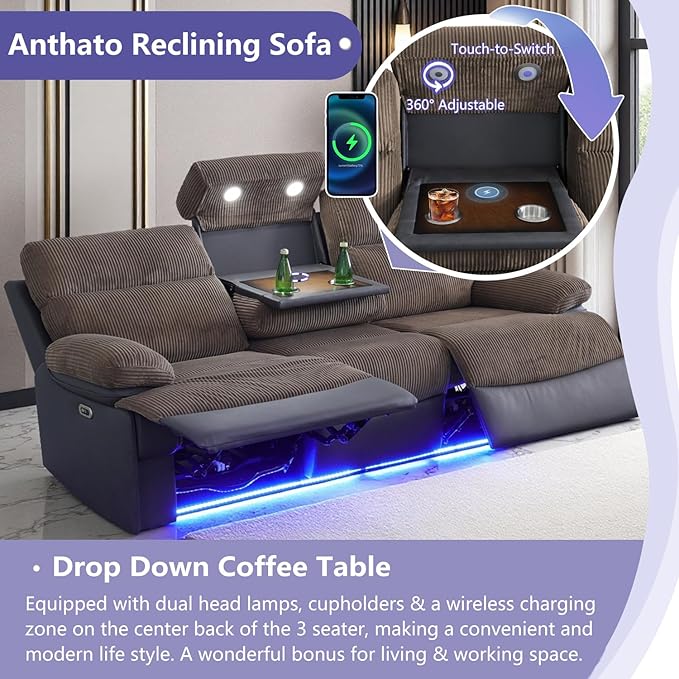 Power Recliner Sofa Set, Corduroy & Leather Fabric Reclining Sofa Couch, Recliner Couch Loveseat Chair with Cupholders/Charging, 3PCS Living Room Set with Recliners for Home Theater,Brown