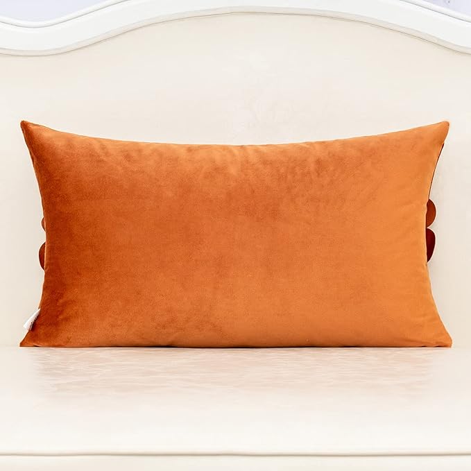 Alerfa 3D Flower Handmade Throw Pillow Cover Decorative Orange Velvet Pillowcase Cushion Cover with Hidden Zipper for Couch Bed Living Room Home Decor 12x20 Inches