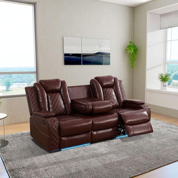 Power Recliner Sofa Set with LED, Leather Reclining Sofa Set, Living Room Furniture Set with USB Charging (3 Pieces Leather Couch Set, Garnet)