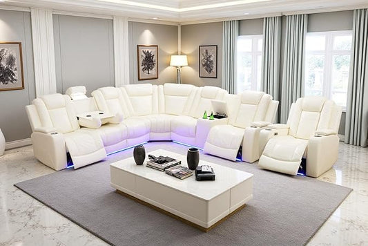 Leather Power Recliner Sectional Sofa Set with LED Lights, L Shaped Reclining Sectional Couch and Chair, Breathing Leather Sofa Set with Coffee Table/USB Port for Living Room
