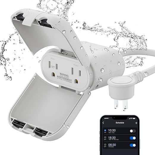 ELEGRP Outdoor Smart Dimmer Plug Waterproof IP66, Smart WiFi Plug with 2 Individually Sockets, Compatible with Alexa & Google Assistant, Outdoor Dimmer for String Lights, UL Listed, 1 Pack, Grey