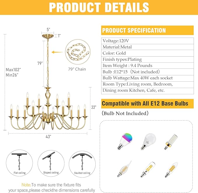 15 Light Gold Chandelier | Large Farmhouse Chandeliers for Dining Room Light Fixtures Over Table | Industrial Candle Hanging Lighting for Foyer | Staircase | Bedroom | Kitchen Island | Restaurants