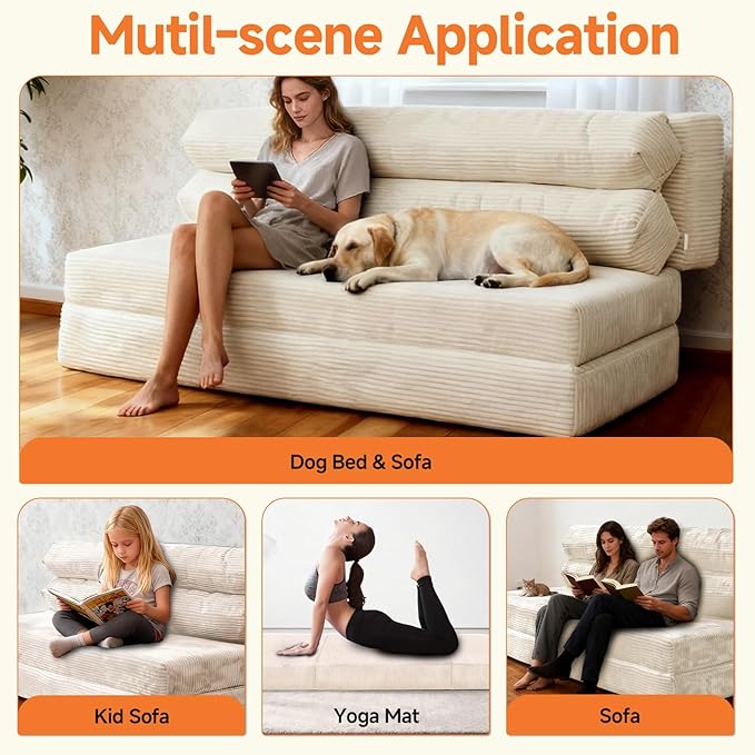 Convertible Sofa Bed, Folding Sofa Bed Couch, Pallout Floor Couch, Convertible Futon Chair Beds, Floor Teddy Sofas, Mini Couch for Bedroom, Love Seat Sleeper Beds(Beige White, 51.1"×59.8"×23.6")