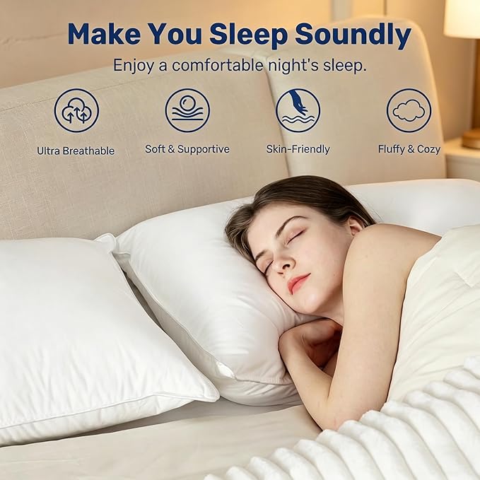UNIKOME Ultra Soft Pillows Standard Size Set of 2 - Hotel Collection Luxury 100% Cotton Cover Down Alternative Bed Pillow, Fluffy Pillows for Back, Stomach or Side Sleepers