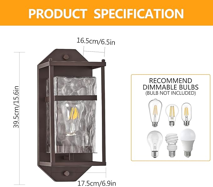 Brown Outdoor Wall Sconce,Waterproof Exterior Light Fixture with Glass Shades & E26 Sockets, Porch Wall Mount Lighting Brightens to Garage,Patio,Front Door