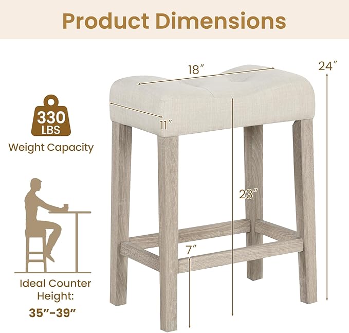 ERGOMASTER 24” Counter Height Saddle Stools, Upholstered Bar Stools, Solid Rubber Wood, Button-tufting Seat, Light Beige/Light Wood, Set of 2