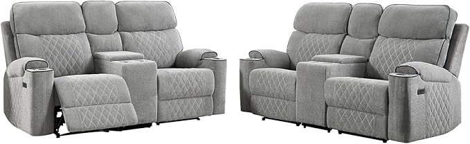 HAOMARKETS Power Reclining Loveseat Sofa Set of 2 with USB & Type-C Charging Port, Breathable Fabric 2-Seater Electric Recliner Couch with Cup Holders & Storage Console for Living Room, Light Grey