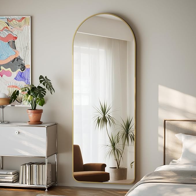 HARRITPURE Arched Full Length Mirror - 64"x21" Large Floor Standing Mirror, Aluminum Frame Full Body Mirrors with Stand for Bedroom/Living Room Wall Mounted, Gold