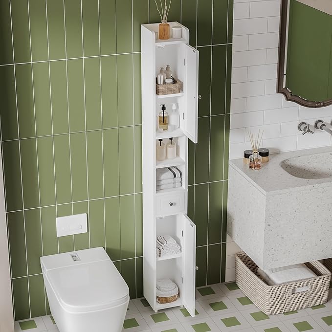 ChooChoo Narrow Bathroom Storage Cabinet with Adjustable Shelves, Tall Storage Cabinet with 2 Doors and 1 Drawer, Freestanding Cupboard for Small Spaces, White