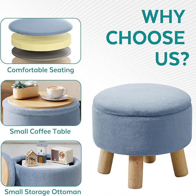 Small Foot Stool Ottoman with Storage, Soft Faux Fur Ottoman Foot Rest for Couch, Round Footstool with Storage, Small Ottomans and Footstools for Living Room and Entryway (Light Blue)