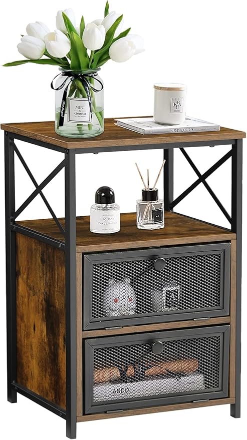 VECELO Nightstand Set of 1, End Table with Flip Drawer, Modern Night Stand for Bedroom,Living Room, Office, Easy Assembly, Vintage Brown