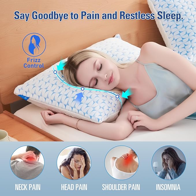 QUTOOL Firm Pillow Shredded Memory Foam, Cooling Pillow for Hot Sleeper, Adjustable Bed Pillow for Side Back Stomach Sleepers, Washable Cover, CertiPUR-US Certified, Queen Size Set of 2