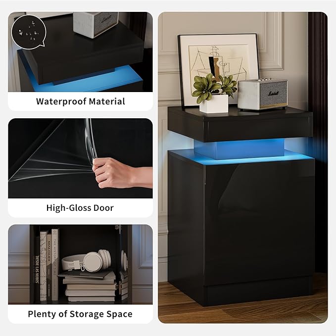 Nightstands Set 2, 15 Inches LED Night Stand Set of 2, Modern Bedside Table with LED Lights, High Gloss Surface, End Table with Storage for Bedroom, Black