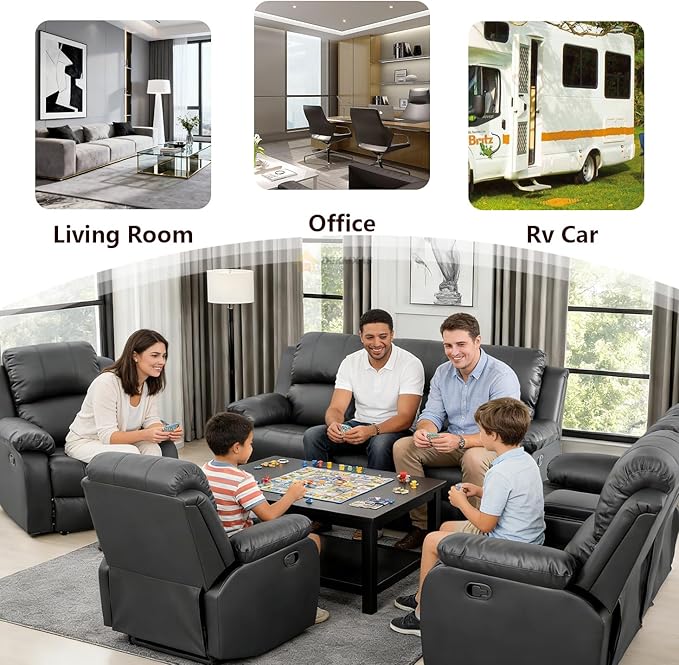 Vegan Leather Black Recliner Sofa Set 3PCS Reclining Couch Set Living Room Furniture Set Manual Reclining Sofas with Cup Holder/Storage Console/Flip Down Table for Home/Office (Black,3PCS Set)