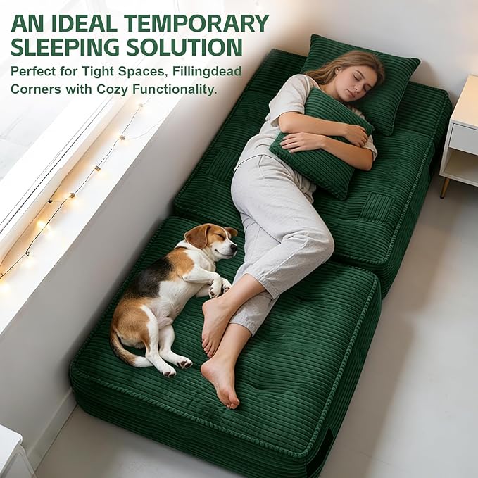 Folding Sofa Bed Chair with Armrests, Convertible Futon Couch Sleeper Chair for Adults, Fold Out Boneless Chair Bed, Foldable Sofa Lounge for Small Spaces, with Pillow, Green