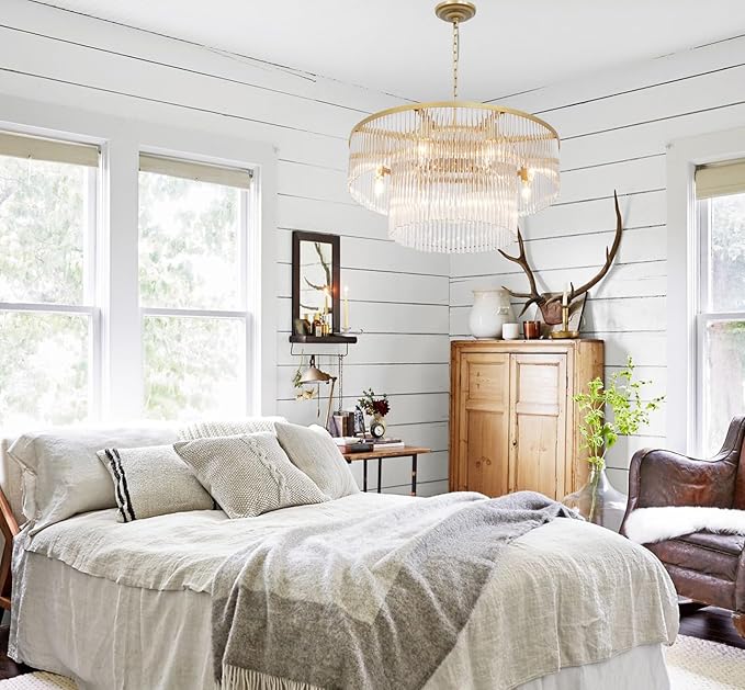 Gold Chandeliers 8 Lights Modern Glass Chandelier Lighting Round Gold Light Fixture Entryway Dining Room 23.6"